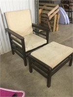 Wooden patio chair and ottoman.