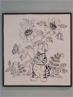 Pen & Ink Cat w/ Butterflies & Flower