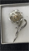 Vintage Signed Marboux Silvertone Floral & Pearl B