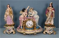 French China Case Clock & Mantel Figurines