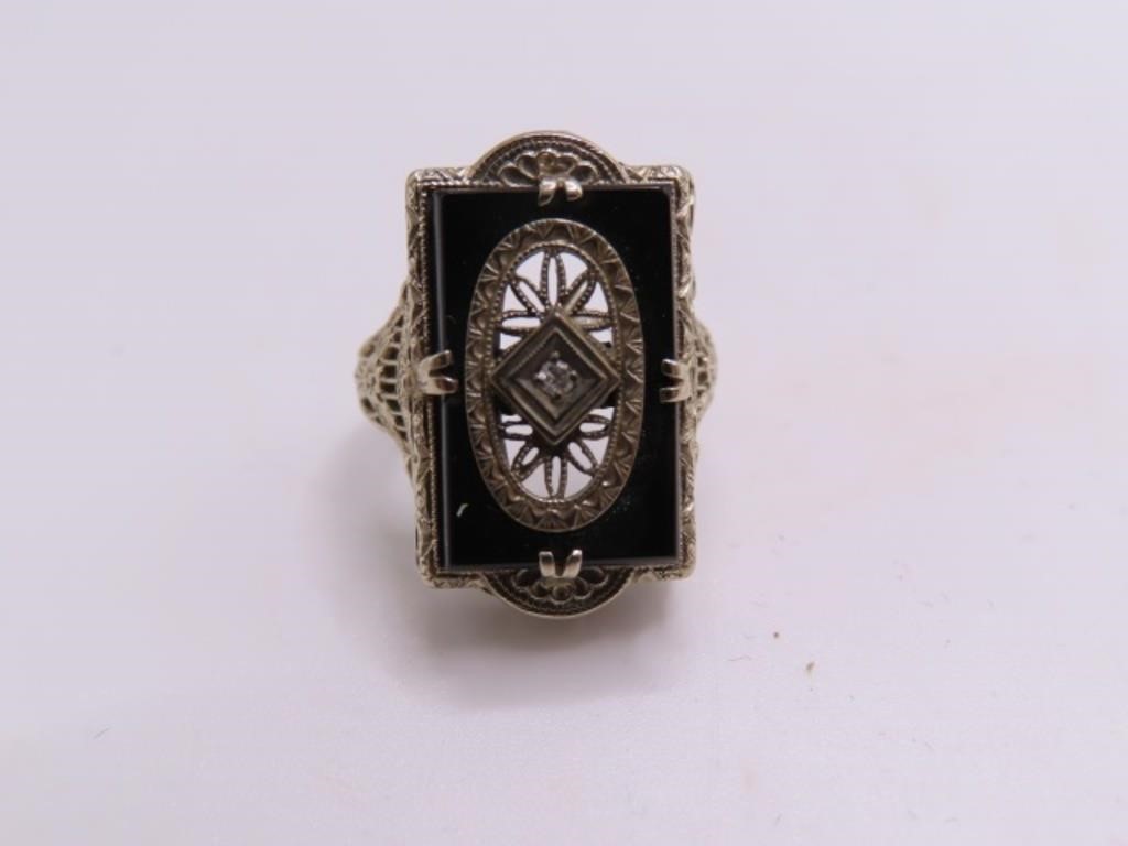 antique Filagree Sterling sz2.75 Ring w/ Onyx Dimd