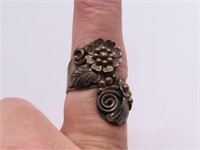 early Pawn Sterling sz8 Ring FlowerCarved 1"