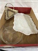 English silver tidbit tray with handle, milk glass