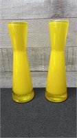 2 Yellow Glass Vases 7" Tall