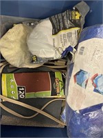 Tote with random lot of hooks, a tarp, different