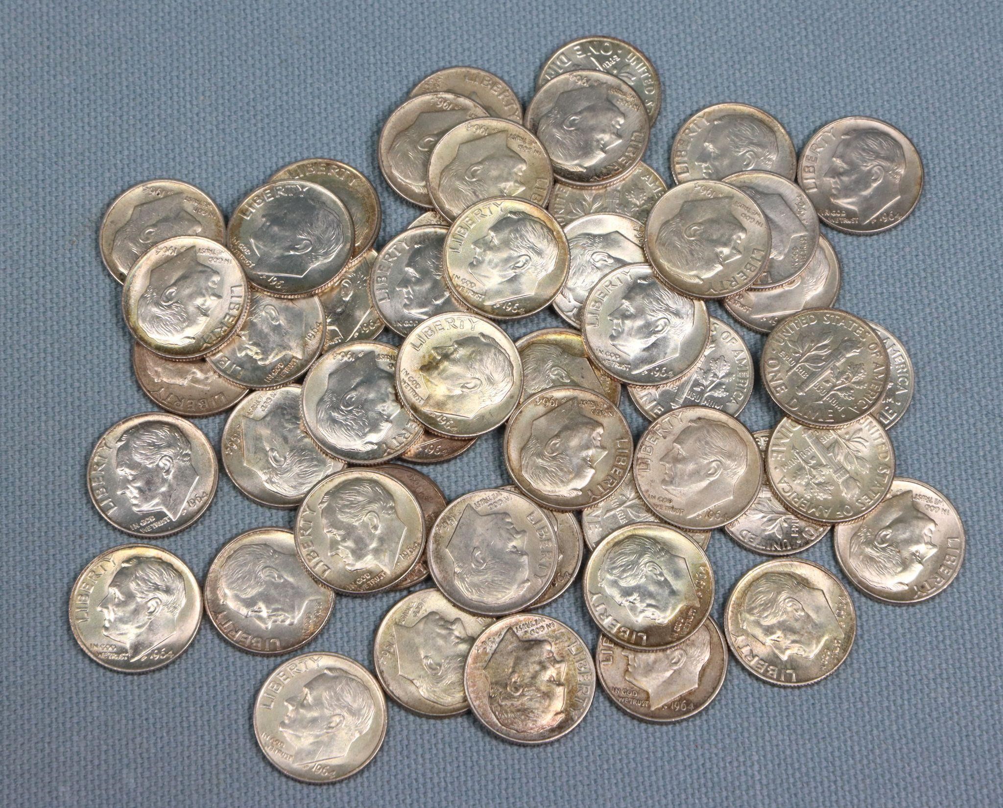 (50) 1964 Roosevelt Dimes, 90% Silver