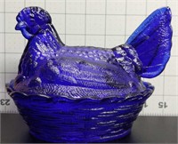 Cobalt Blue glass candy dish -- chicken