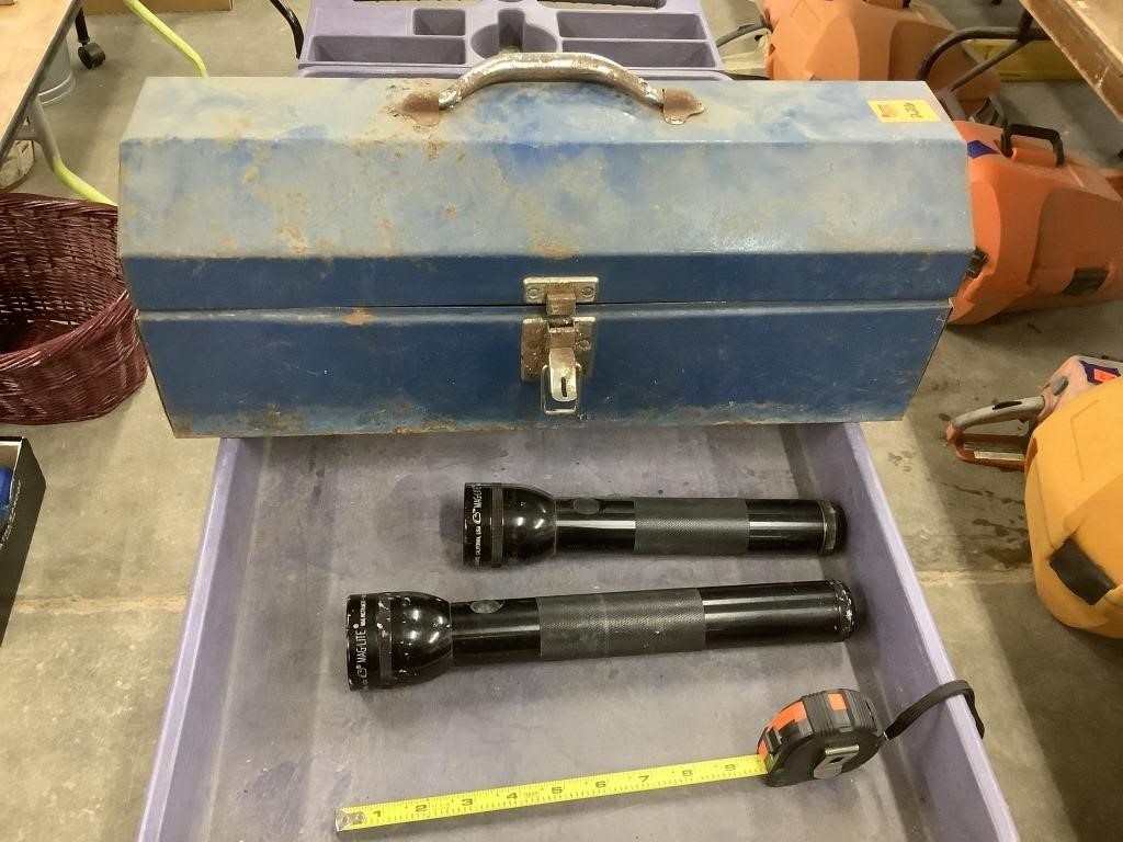 19 inch blue metal toolbox, and two mag light