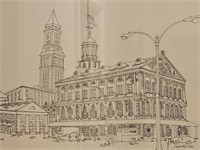 Ink Drawing of Faneuil Hall in Boston is 18 x 14in