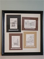 4- Matted Pen & Ink in 1 Large Frame, 25 x 26.5in