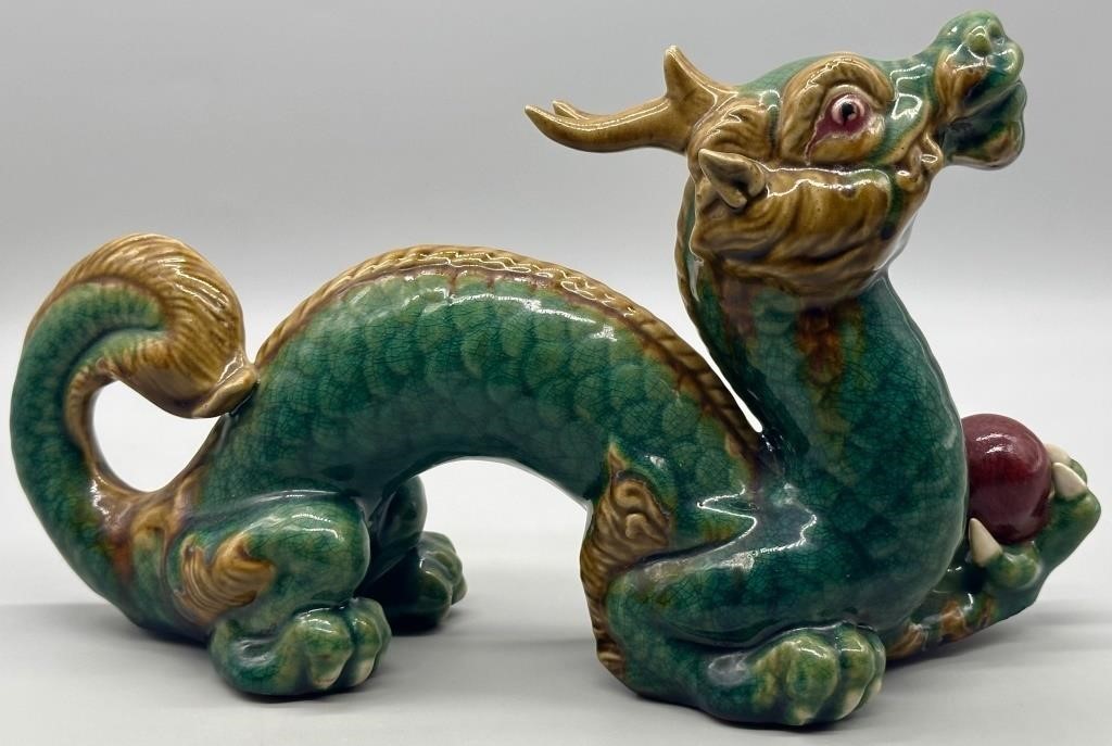 Chinese Large Scale Green w/ Gold Cloisonné Dragon