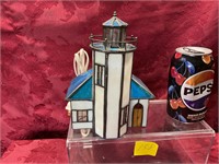 Vintage stained glass lighthouse lamp, 6 1/2” tall