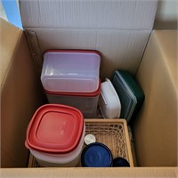 Box of Plastic storage containers and basket