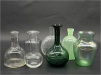 (7) Variety Carafes & Vases, Clear & Green Glass