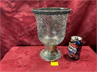Tall, pedestal glass vase with jeweled base & top
