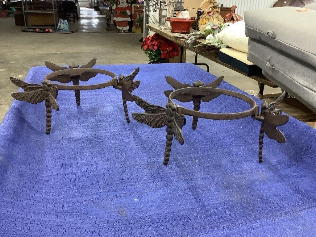 Two wrought iron dragonfly planter holders, 5x 7
