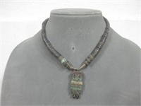 Stone Bead Necklace W/Stone Owl Pendant