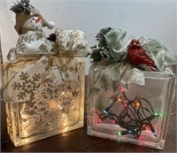 2 retro style glass block light up Christmas decor