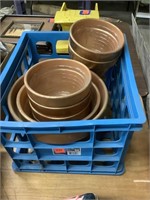Clay pots, and plastic crate