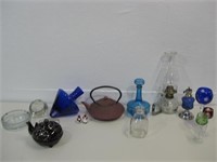 Glass Lamps, Ashtrays, Metal Teapots & Misc Items