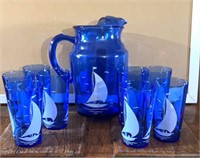 Early cobalt Pitcher and 8 glasses with Ships on
