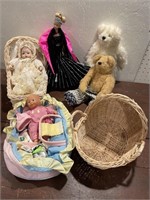 musical doll in basket, other dolls, etc