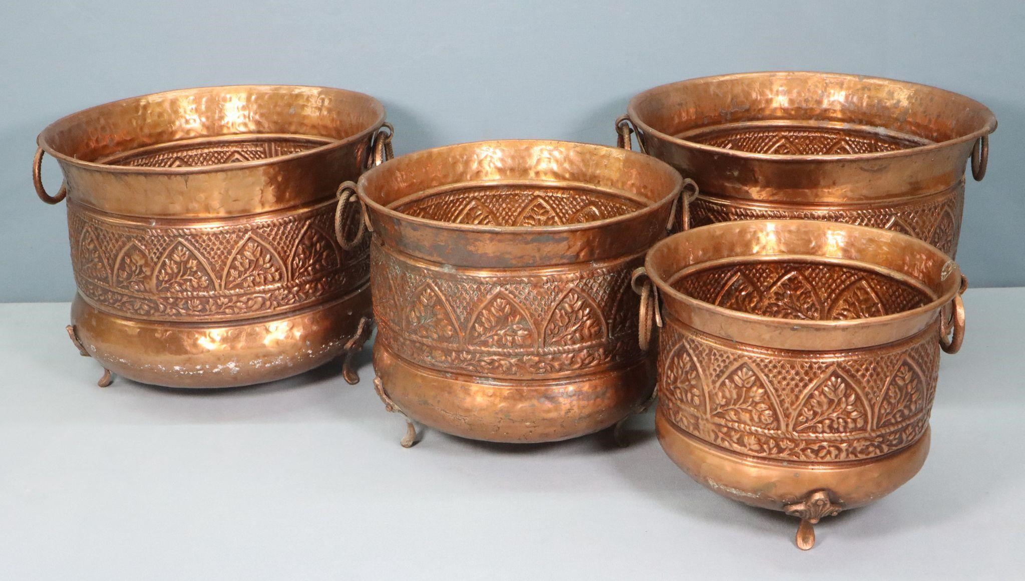 Set of 4 Indian Hammered Copper Planters
