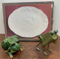 Ceramic turkey platter, wooden frog bank and