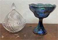 Carnival glass candy compote and a lidded candy