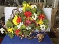 Artificial wreath and ceramic turkey decoration
