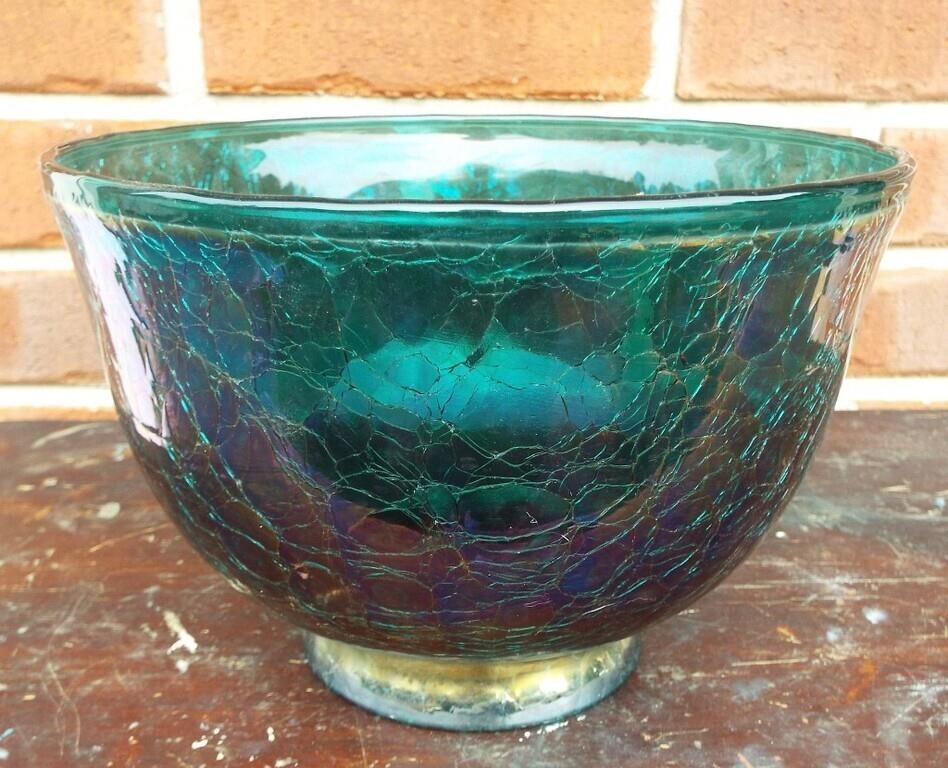 Blue Crackle Carnival Glass Bowl. 5.5" tall