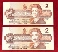 1986 Canadian $2 bills in sequence.