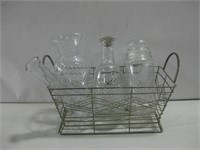 Wire Basket W/Four Glass Items See Info