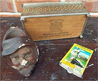 Vintage wood & metal cigarette box, chalkware