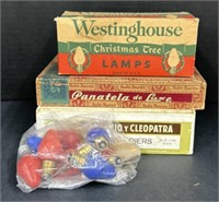 (AH) Vintage Christmas Tree Lights & Cigar Boxes.