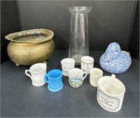 (AH) Vase 10’’, Brass Planter, Blue Spongeware