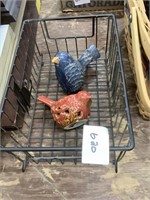 Metal basket and two decorative birds