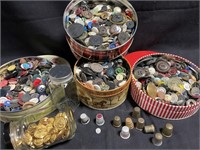 COLLECTION OF VTG THIMBLES & BUTTONS IN TINS