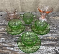 Pink and green depression glass. The green glows.