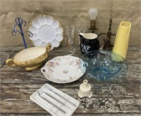 Misc pretty dishes, vases, Pie vent, dental tools
