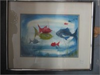 Framed  Glass Fish Watercolor Signed