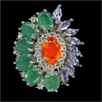 Natural Orange Opal &Colombian Emerald Ring
