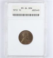 1910 Lincoln Cent ANACS MS64 Brn