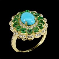 Natural Turquoise & Colombian  Emerald Ring