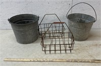 two galvanized buckets and two wire totes