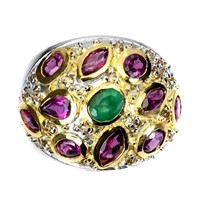 Natural Emerald  Rhodolite Garnet Sapphire Ring