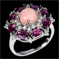 Natural Pink Opal & Rhodolite Garnet Ring