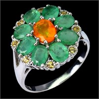 Natural Orange OpalColombian Emerald Sapphire Ring