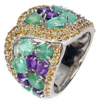 Natural Colombian Emerald  Amethyst Sapphire Ring