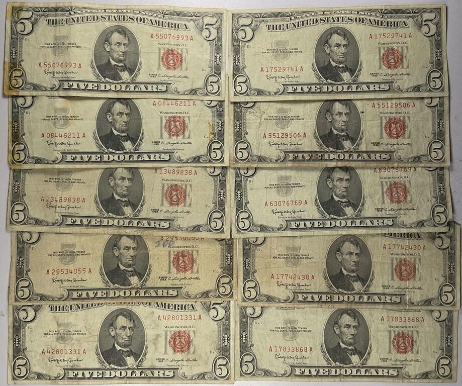 Lot of 10: $5 Red Seals